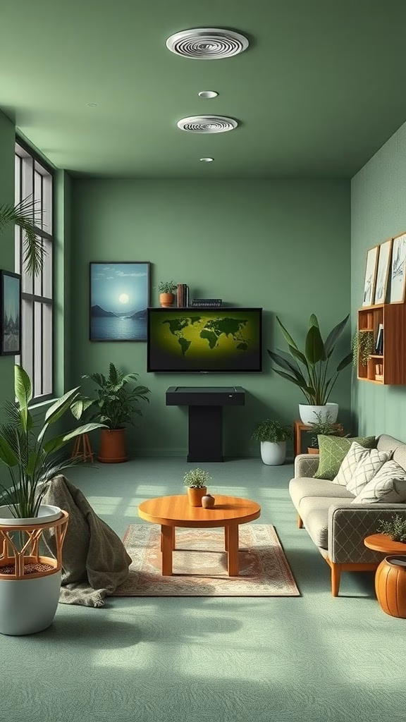 A calming green game room with plants, a sofa, and a coffee table.