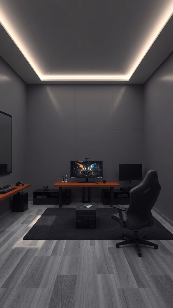 Modern game room interior with gray walls and orange furniture accents