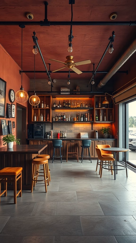 Interior of a garage bar featuring warm earthy tones with a wooden bar and cozy seating.