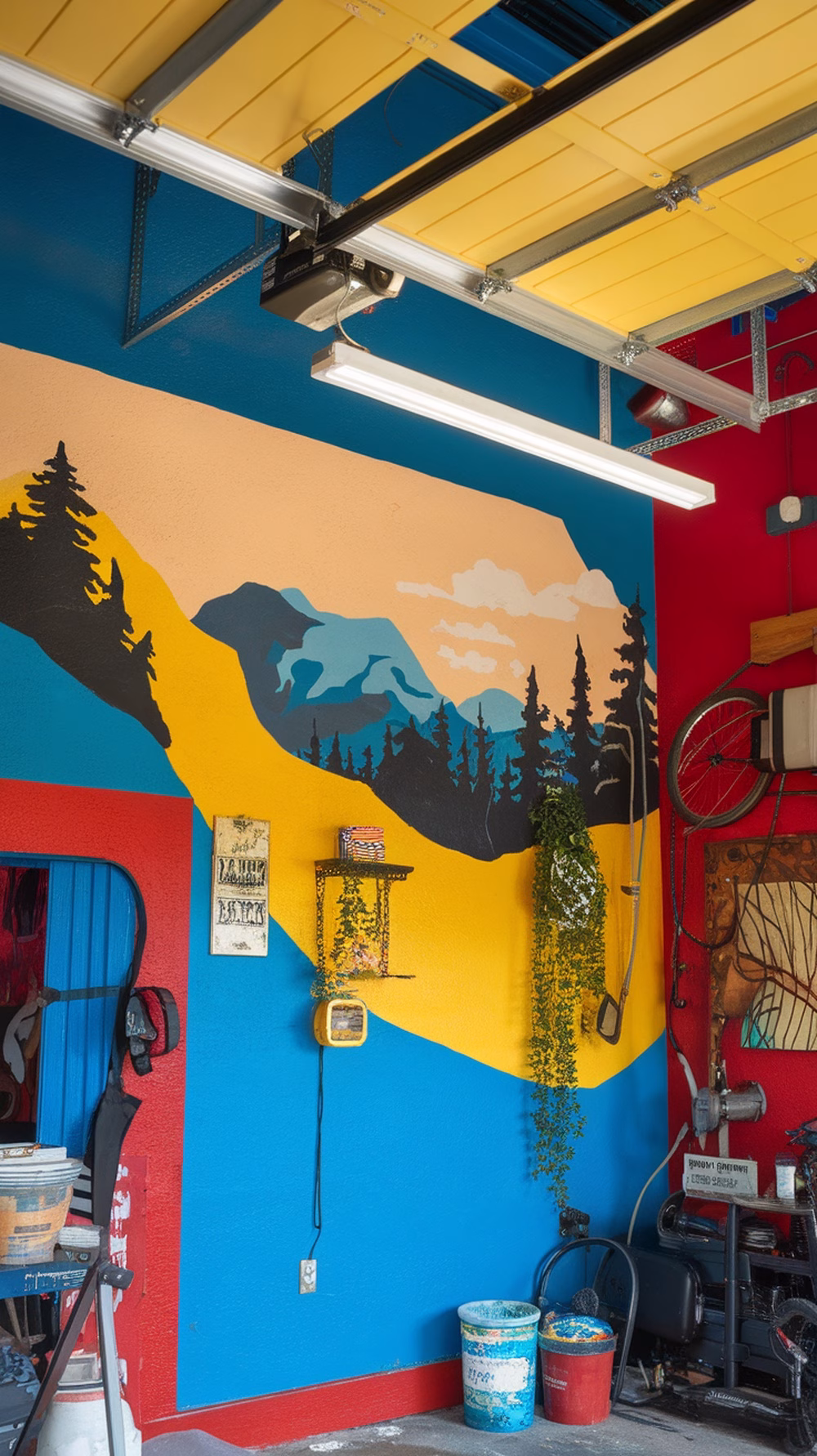 A colorful garage interior with a mountain mural and vibrant walls.