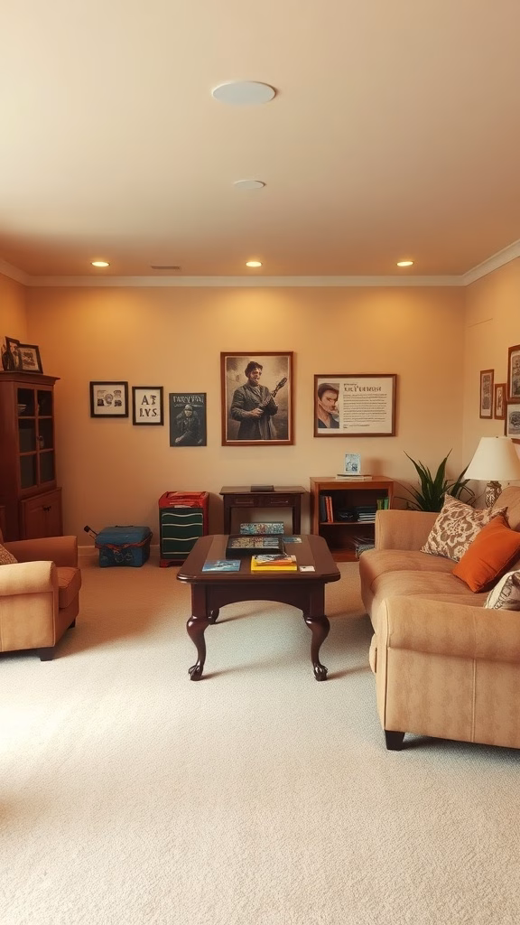Cozy game room with warm beige walls and comfortable seating