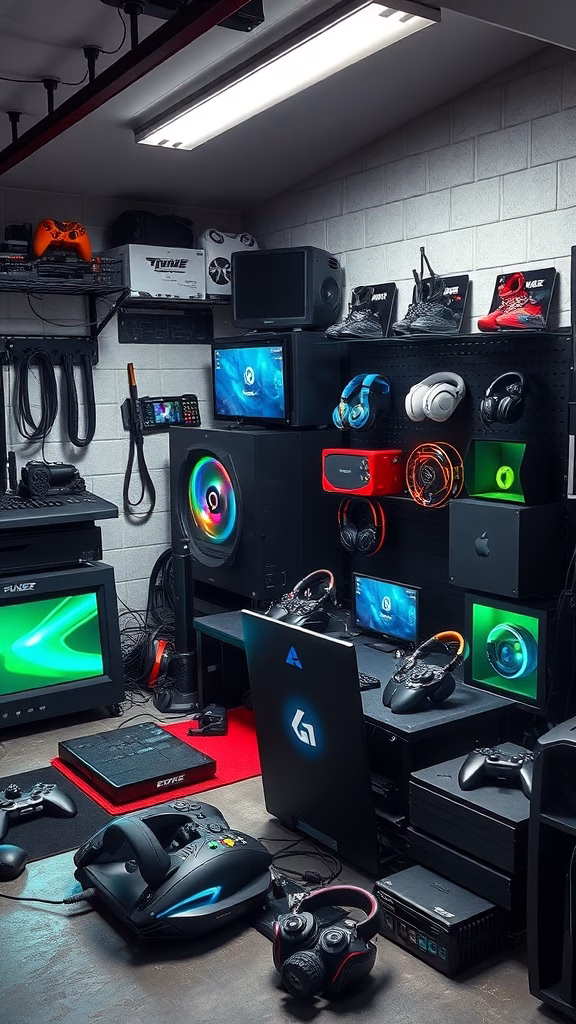A high-tech gaming room filled with consoles, monitors, and accessories.