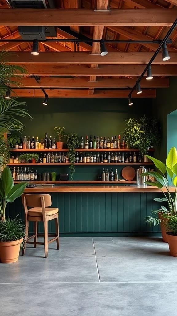 Interior of a garage bar featuring deep forest green walls, wooden beams, and plants