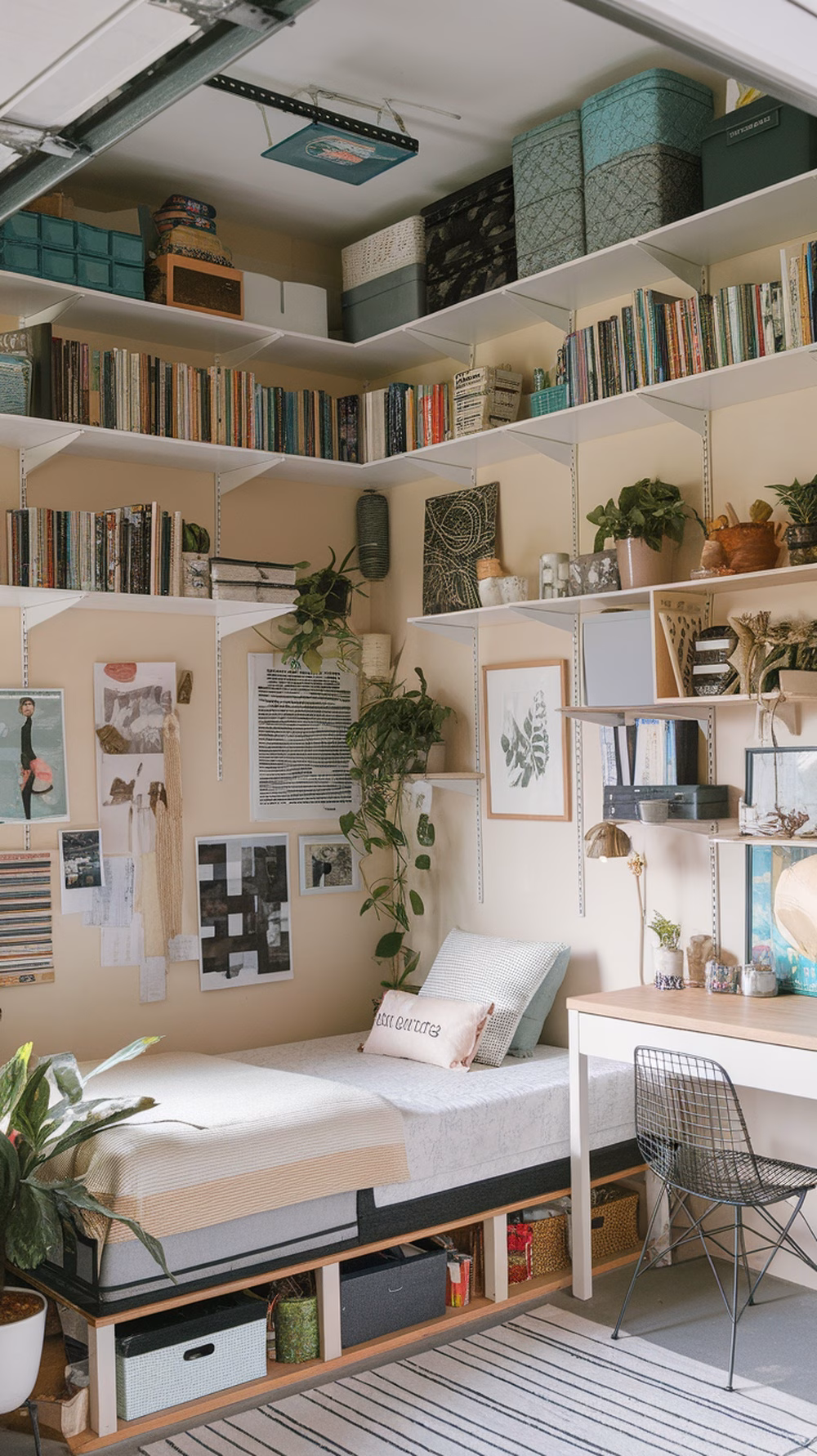 A cozy garage bedroom with vertical shelves filled with books, plants, and decorative items, showcasing creative use of space.