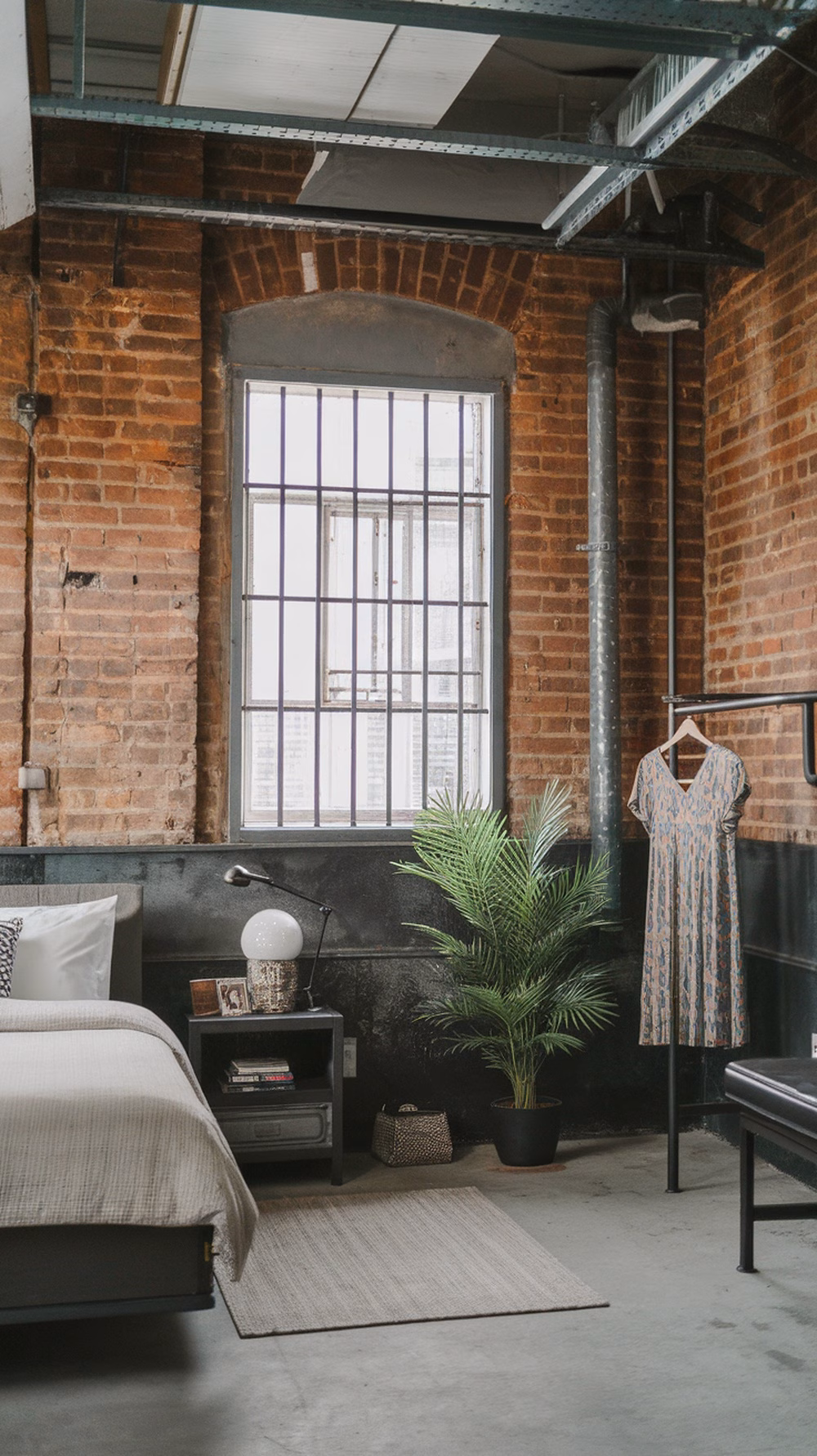 A stylish industrial bedroom with exposed brick walls, a bed, and a small plant.