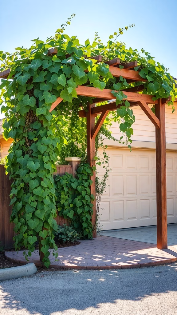 A wooden pergola covered with climbing vines near a garage.