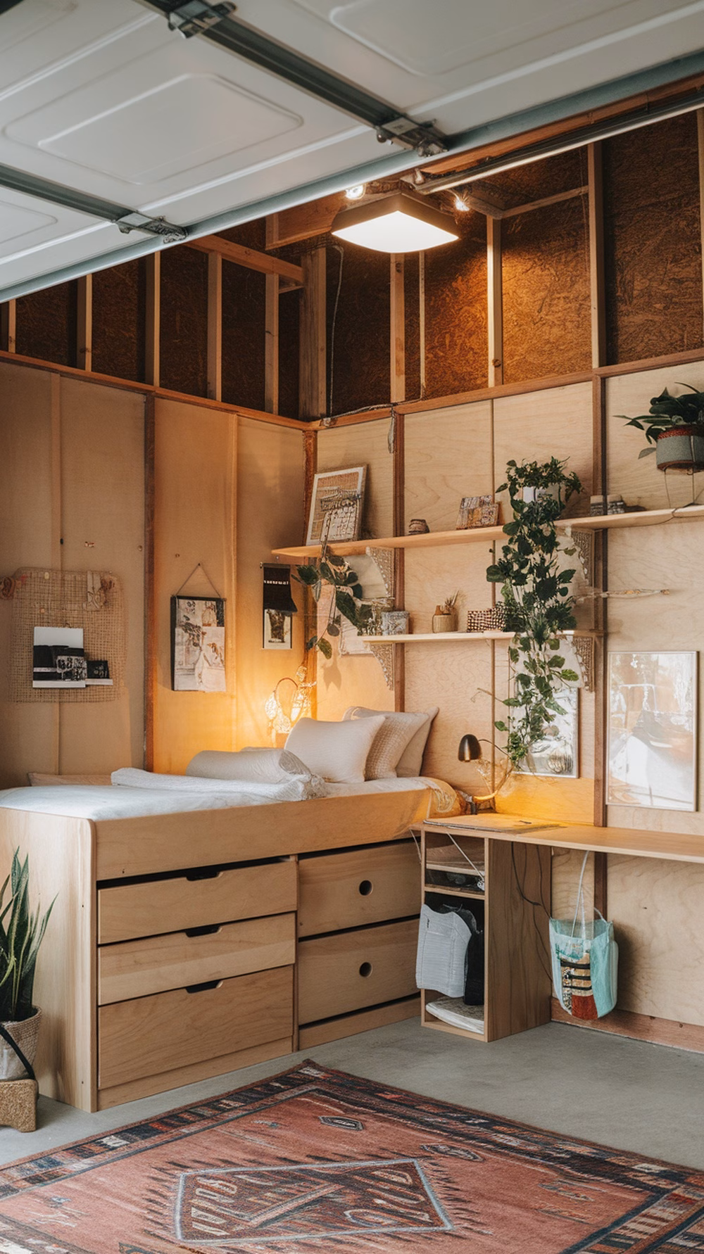 A cozy garage bedroom conversion featuring natural wood furniture, plants, and warm lighting.