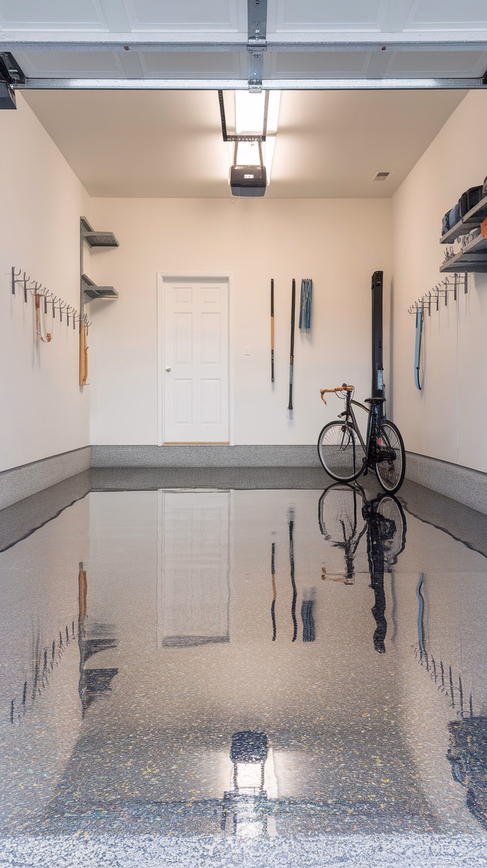 A garage with a shiny epoxy-coated floor, bike, and tools neatly organized on the walls.