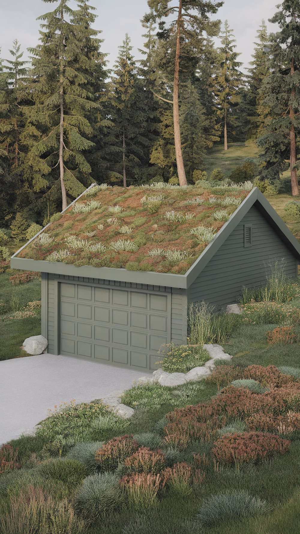 A garage with a green roof covered in various plants, surrounded by trees and greenery.