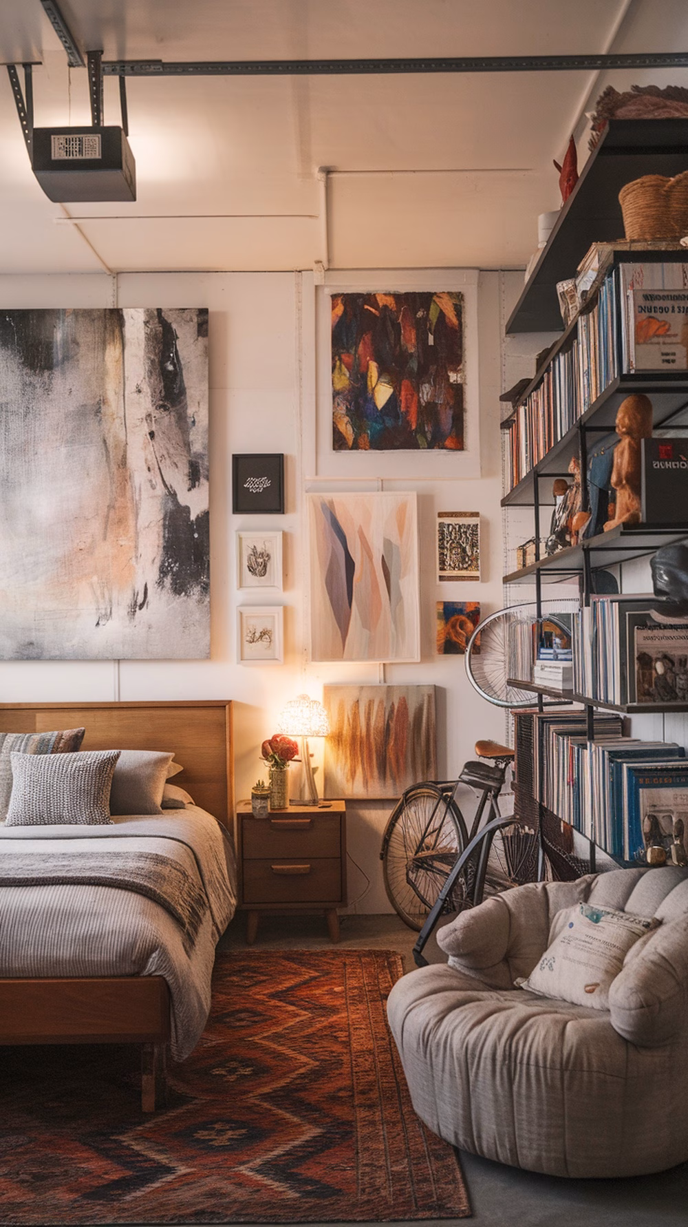 A cozy garage bedroom featuring personalized art and decor, including various paintings, a stylish lamp, and a comfortable chair.