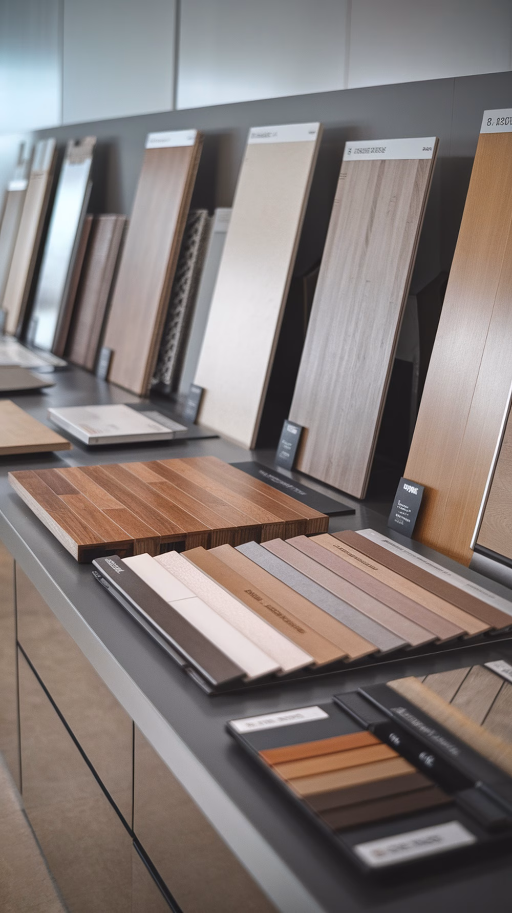 A display of various flooring samples for a garage conversion project.