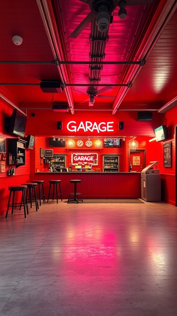 Interior of a garage bar painted in vibrant red with a bright 'GARAGE' sign and bar stools.