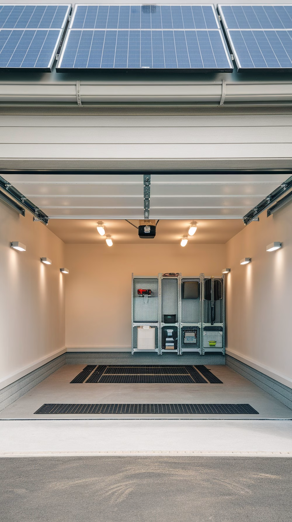 A modern garage with solar panels, bright LED lights, and organized storage.