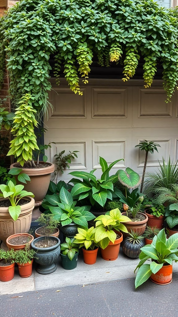 A variety of potted plants arranged around a garage door, showcasing greenery and vibrant colors.