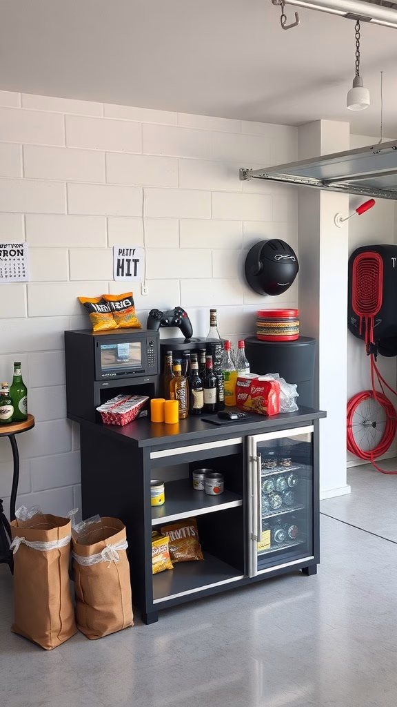 A modern mini bar setup in a garage video game room, featuring a fridge, snacks, and a microwave.