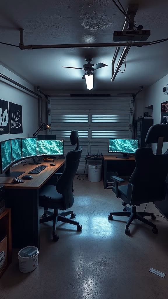 A modern gaming workstation with two desks and multiple monitors in a garage setting.