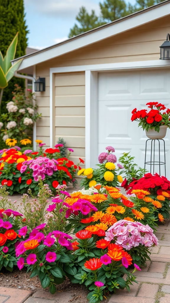 Colorful flower beds around a garage with various blooms in red, pink, yellow, and orange.