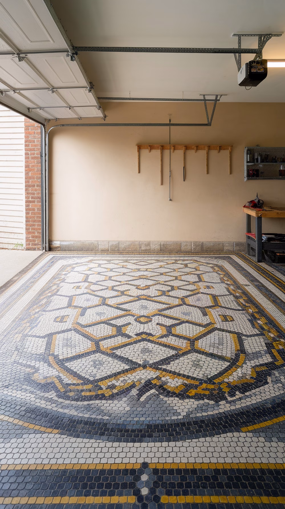 A garage with a beautifully designed mosaic floor featuring intricate patterns and colors.