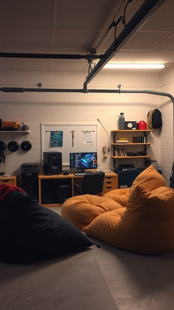 Cozy gaming nook with bean bags, computer setup, and warm lighting