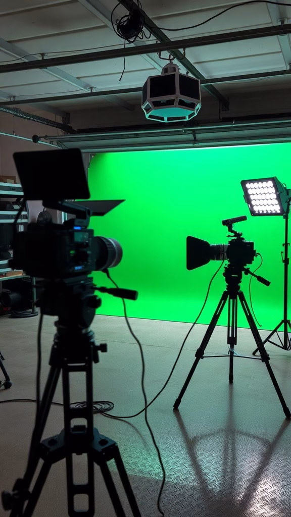 A game streaming setup with cameras, lighting, and a green screen in a garage.