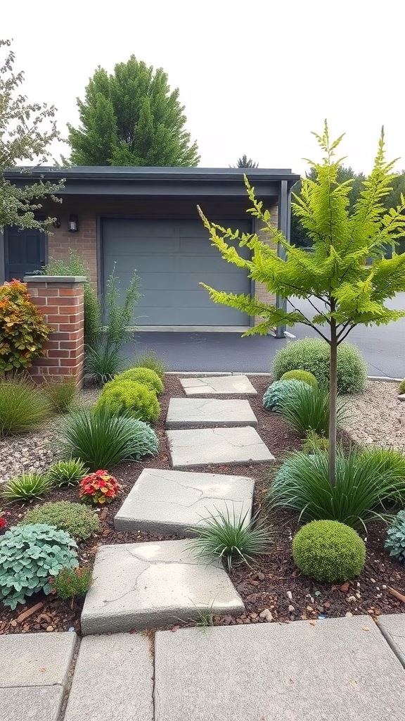 A landscaped pathway with native plants leading to a garage.
