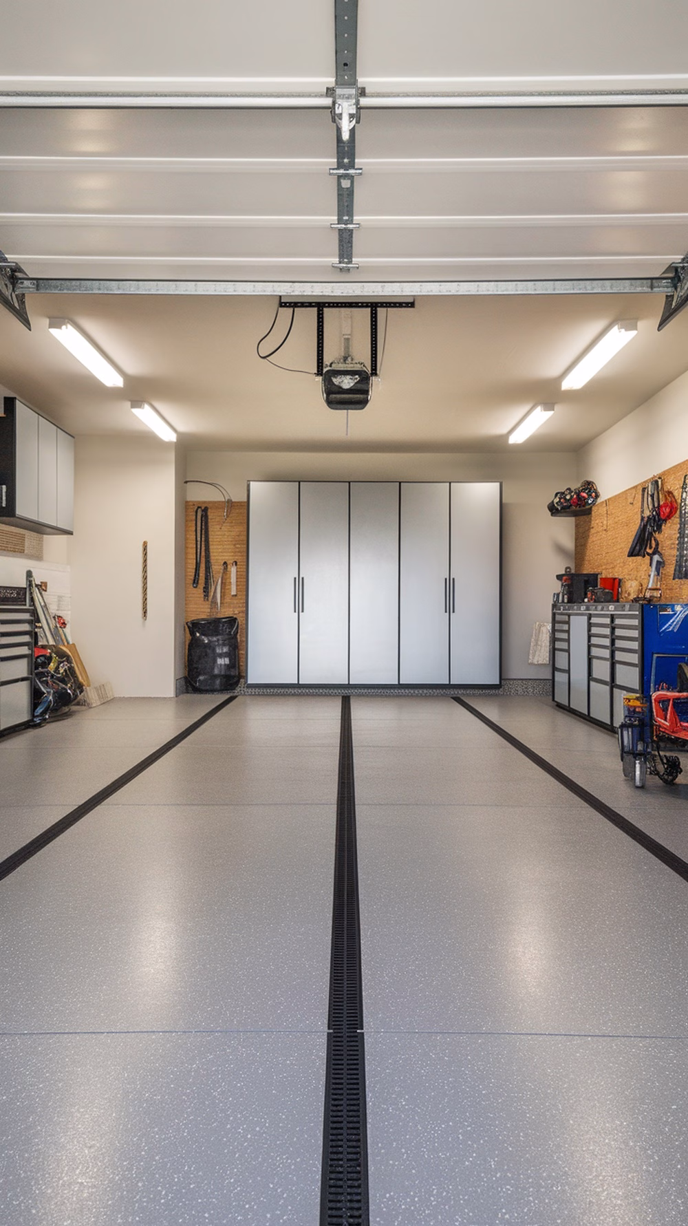 A modern garage with a smooth gray vinyl floor and organized storage.