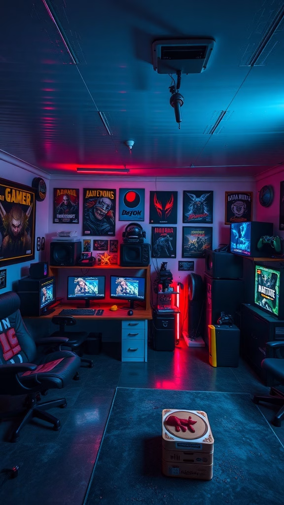 A themed gaming room with posters, multiple screens, and colorful lighting.