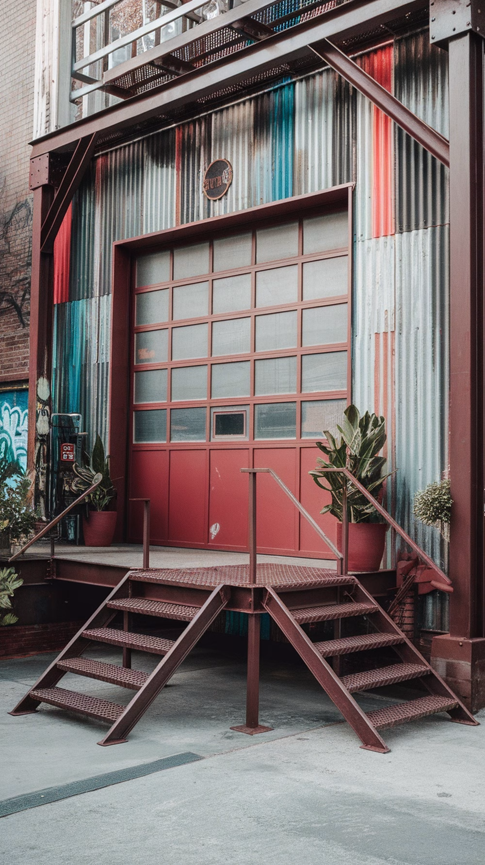 An industrial style garage with a red door, metal exterior, and stairs leading up to the entrance.