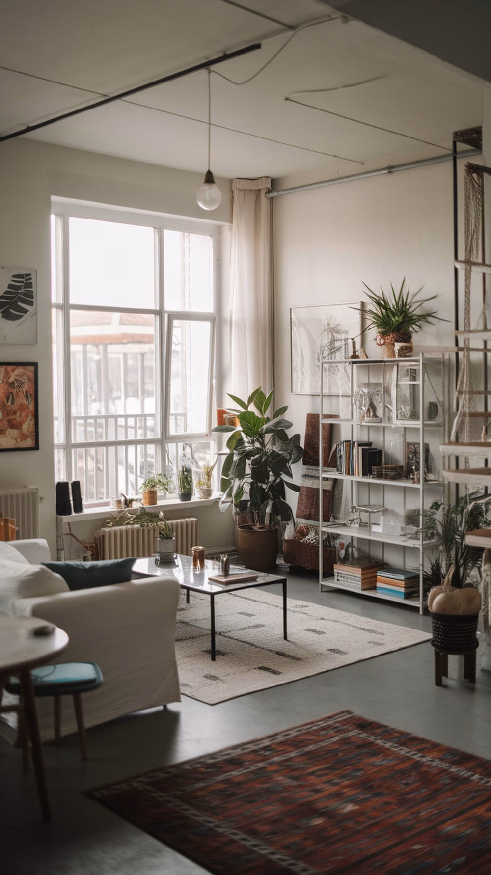 Chic apartment interior with an open floor plan, featuring plants, a sofa, and decorative shelving.