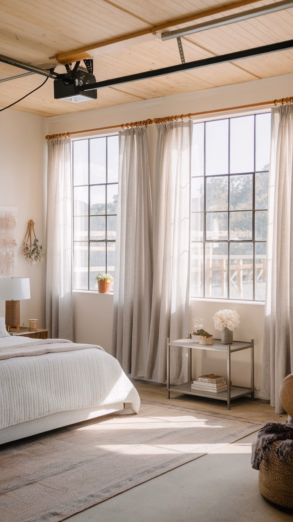 Bright and airy garage bedroom with large windows, light curtains, and neutral decor.