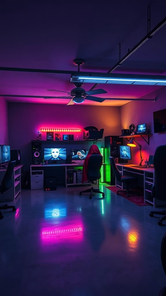 A vibrant gaming room with LED lighting effects in a garage setting.