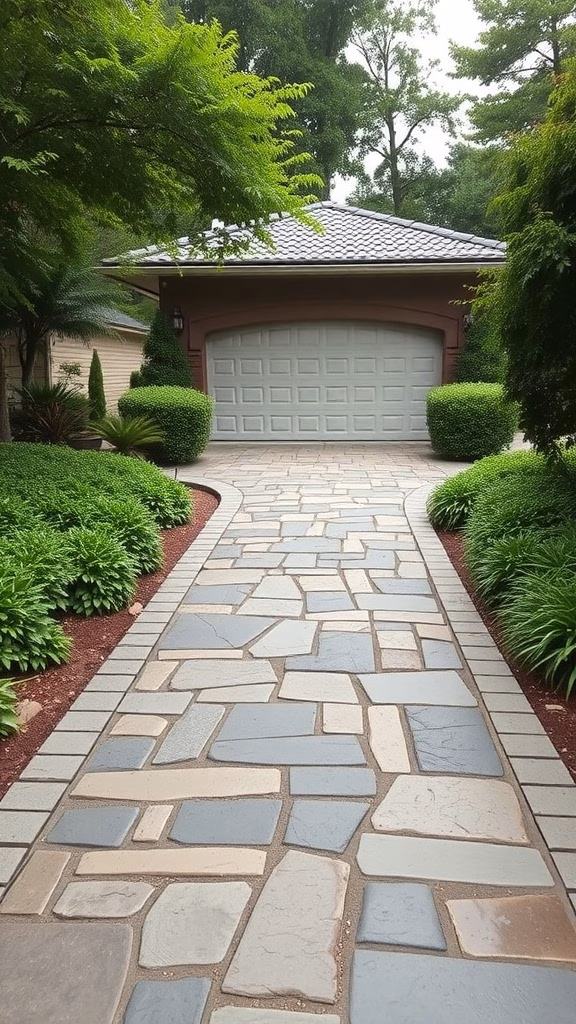 A stone pathway leading to a garage, surrounded by greenery.