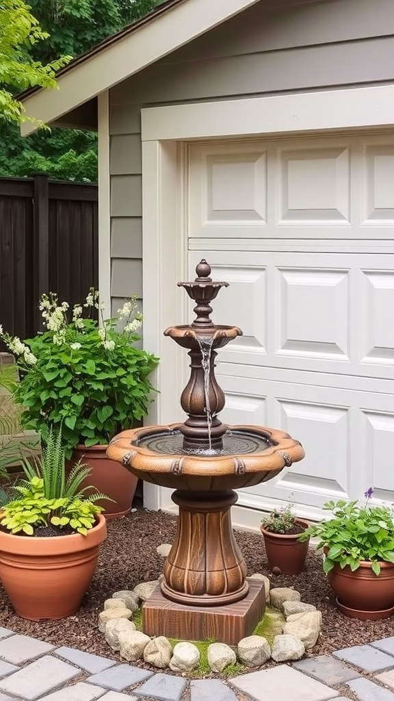 A decorative fountain near a garage, surrounded by potted plants.