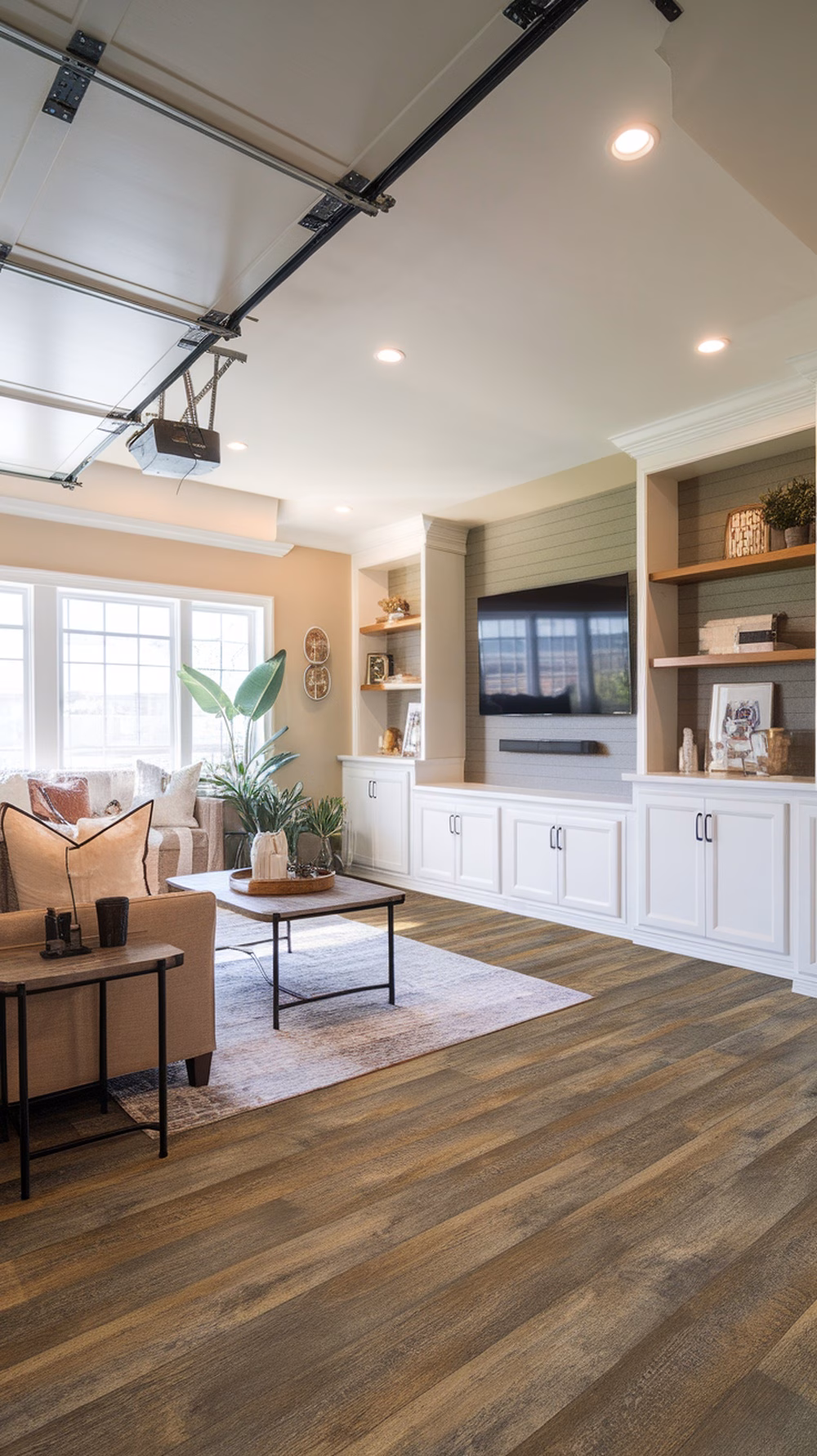 Stylish garage conversion featuring laminate flooring, modern furniture, and bright lighting.