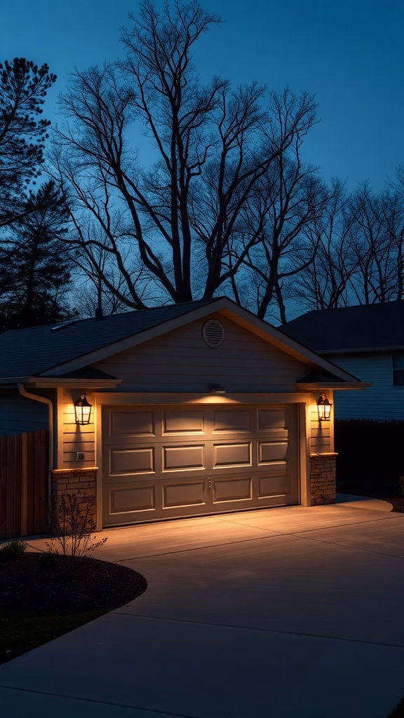 A well-lit garage at night with decorative lighting features.