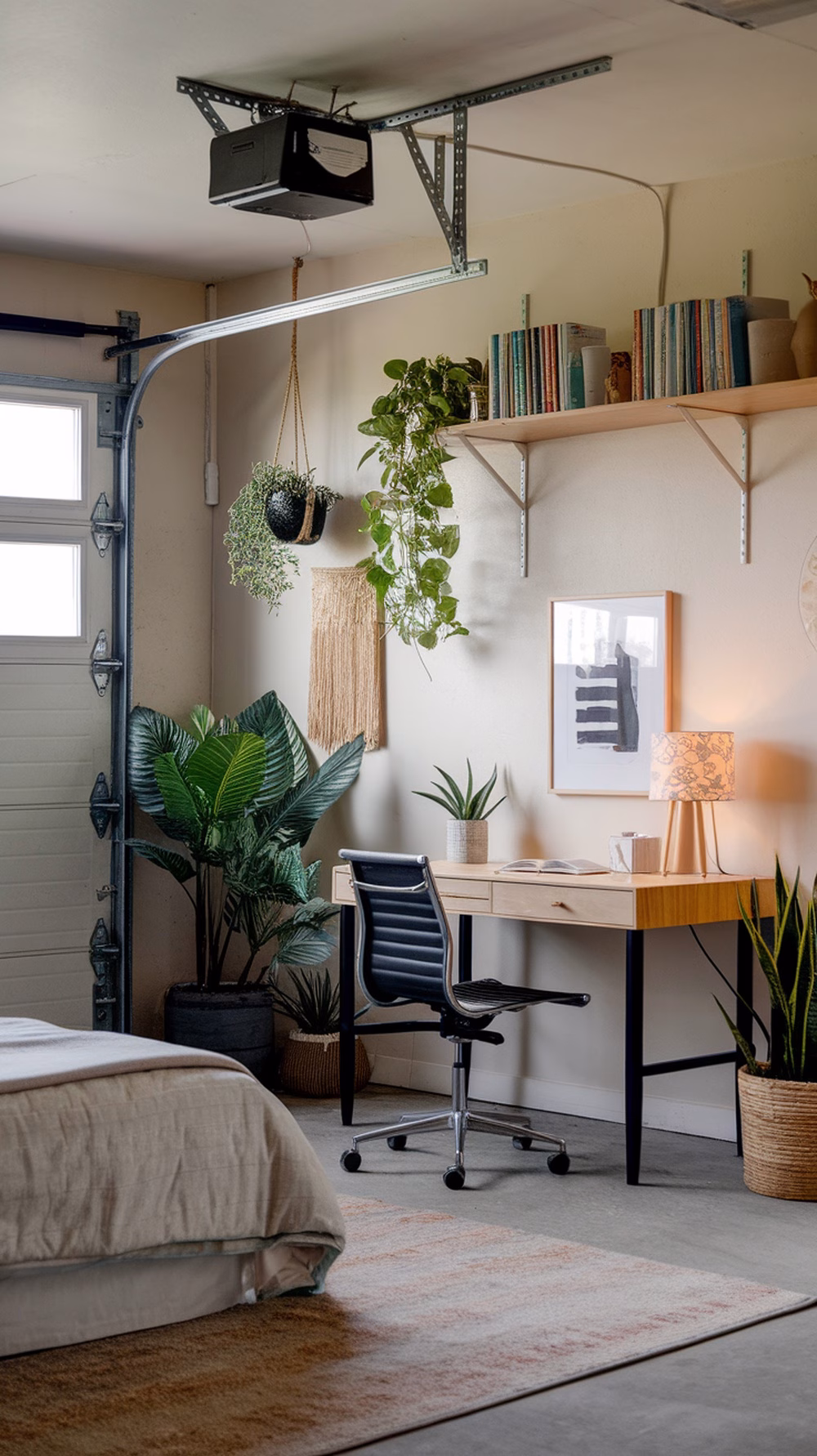 A garage converted into a bedroom and home office, featuring a bed, desk, and plants.