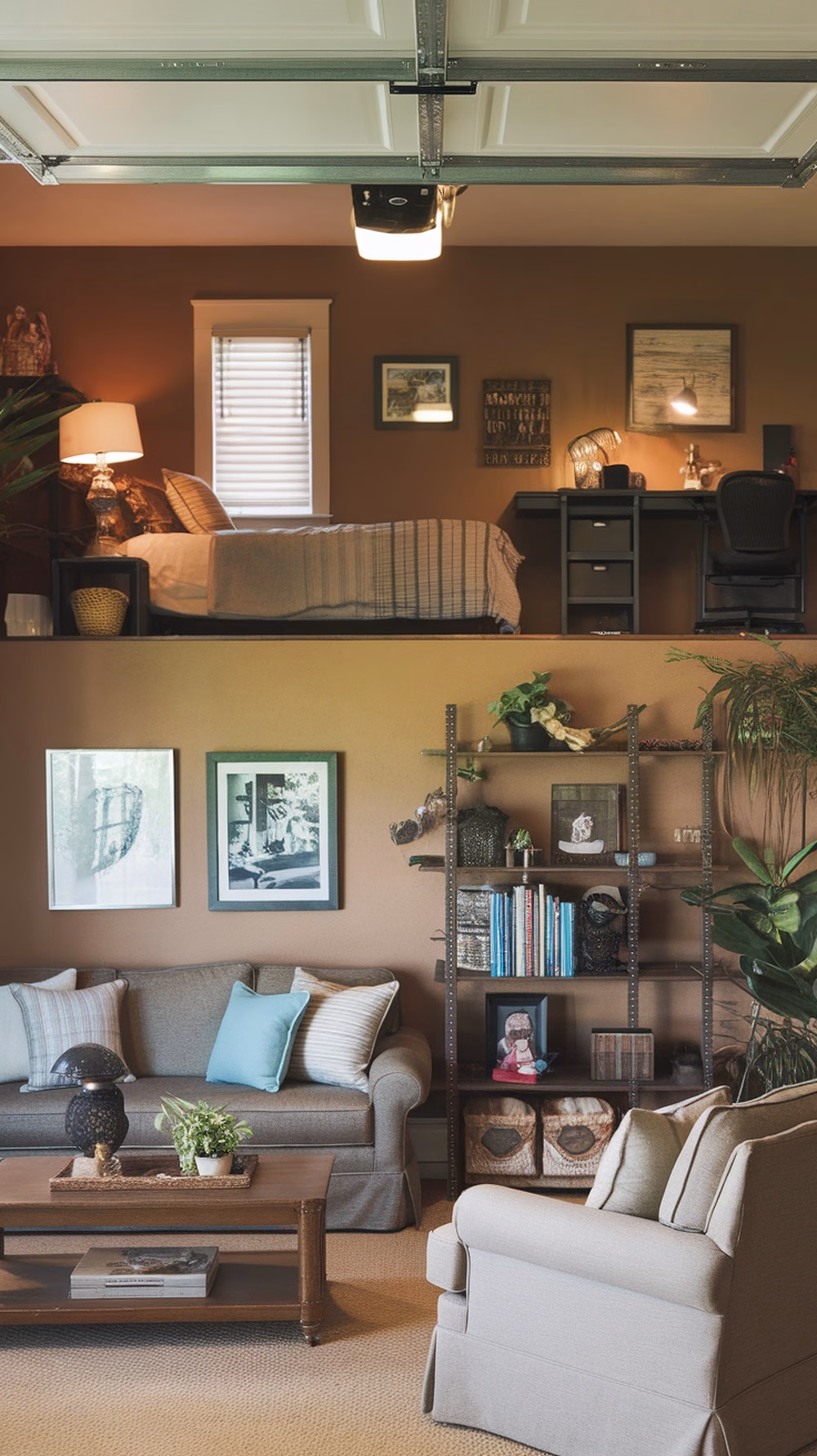 A split-level garage bedroom conversion featuring an elevated sleeping area and a cozy living space below.