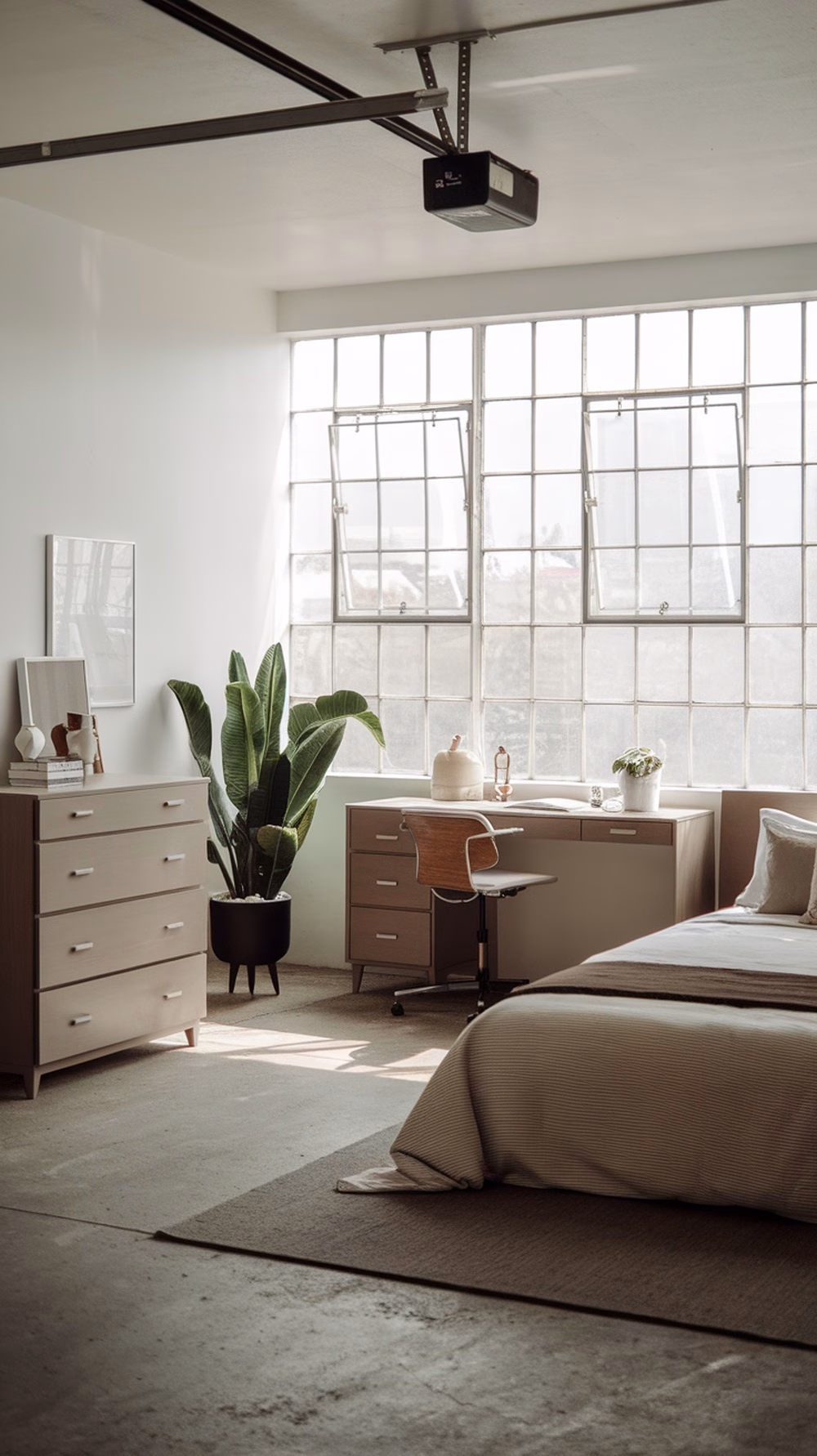 A modern minimalist bedroom conversion from a garage, featuring large windows, simple furniture, and a potted plant.