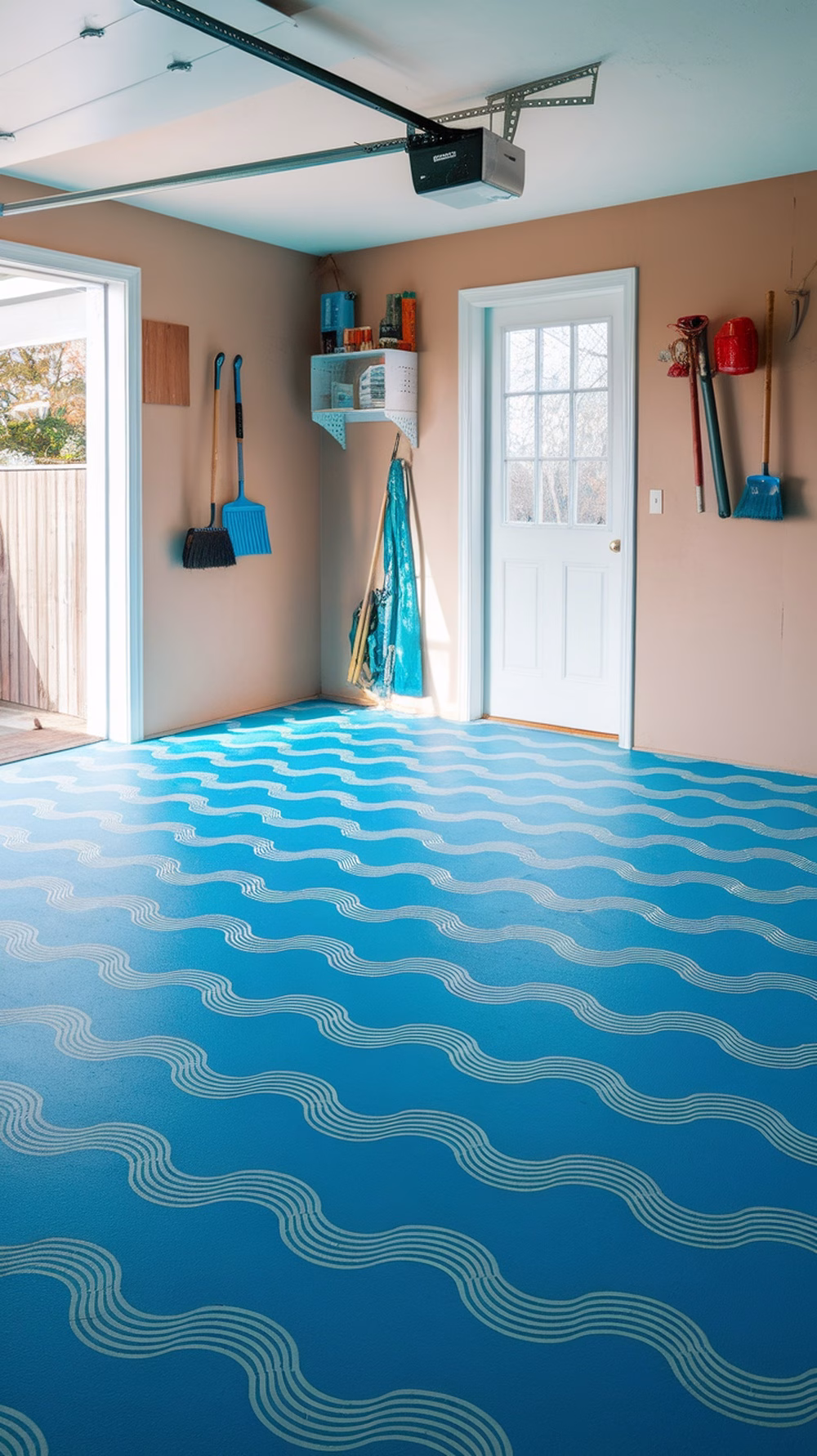 A vibrant blue vinyl floor with a wave pattern in a garage setting