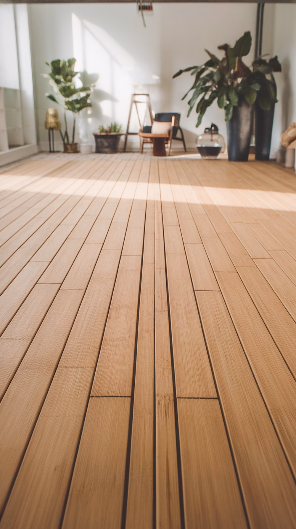A close-up view of a bamboo floor in a well-lit room with plants and furniture.