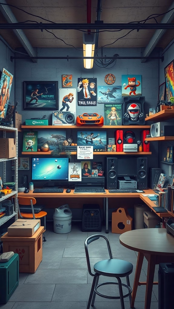 A garage gaming room with personalized game art displays, featuring posters and collectibles.