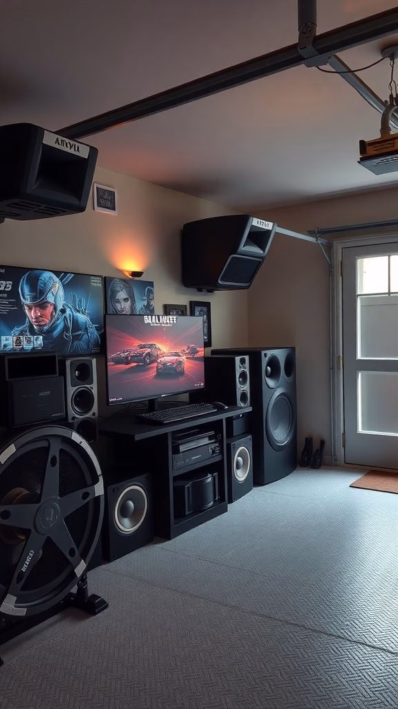 A garage game room featuring a sound system with multiple speakers and a large monitor.