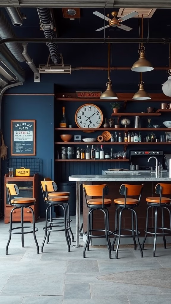 A garage bar featuring bold navy blue walls, wooden shelves, and stylish bar stools.