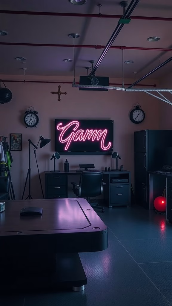 A stylish gaming room featuring a neon sign, dark furniture, and organized decor.