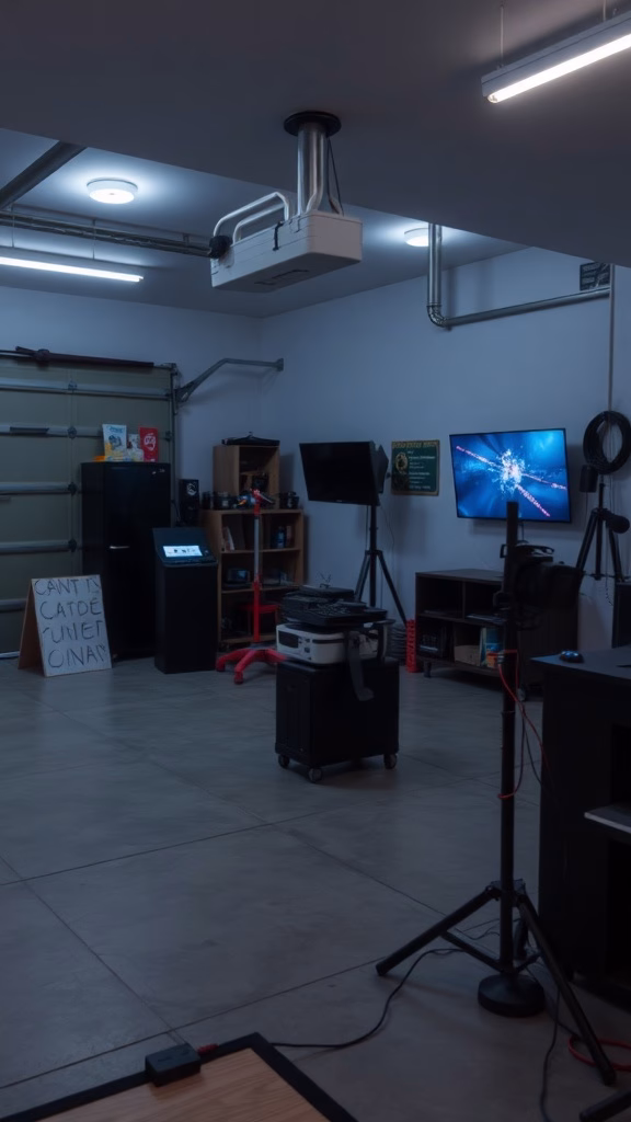 A garage setup for virtual reality gaming featuring a projector, large screen, and organized space.