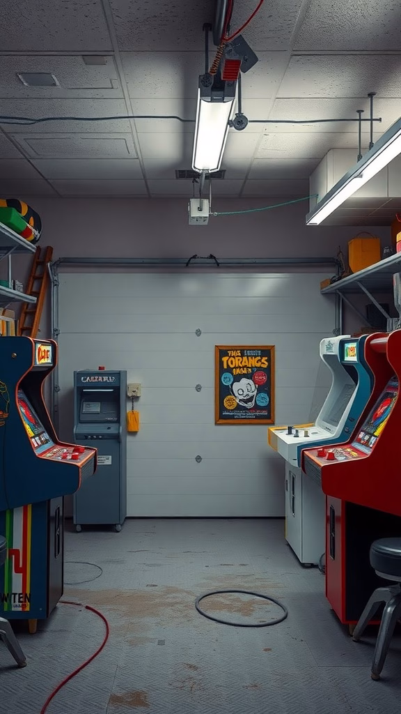 A retro arcade corner featuring colorful arcade machines and a vintage poster.