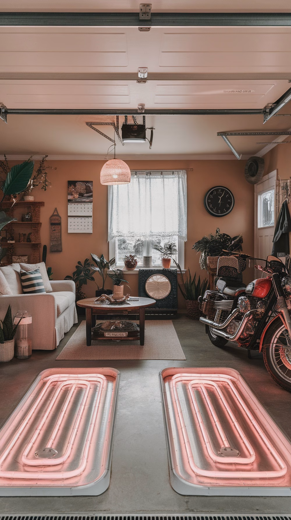 A stylish garage featuring heated flooring with glowing lines, showcasing a cozy and inviting atmosphere.