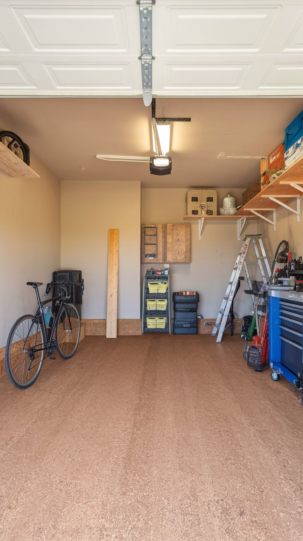 A garage with cork flooring, bicycle, and storage shelves.