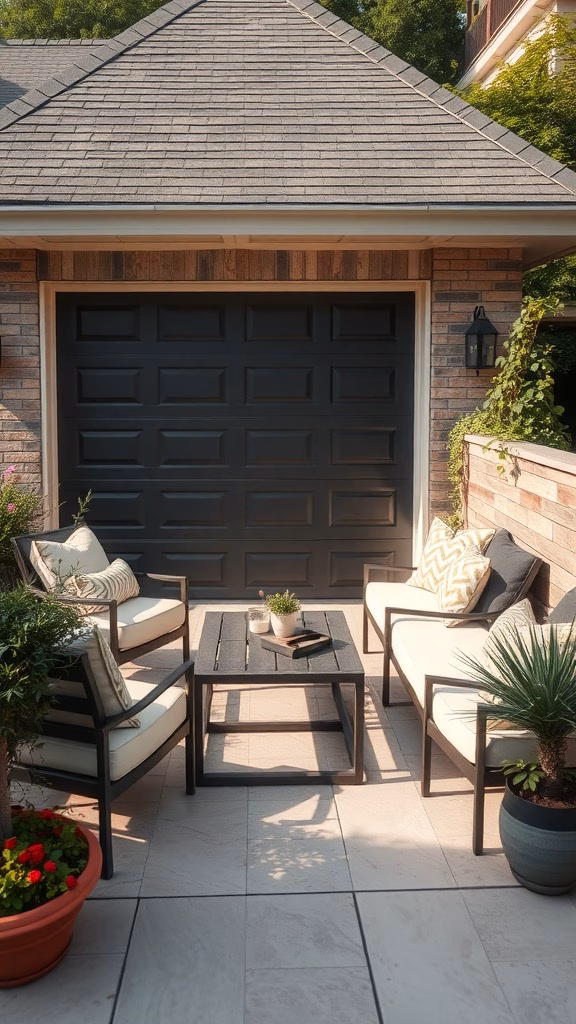 Cozy seating area around a garage with comfortable chairs, a table, and potted plants.