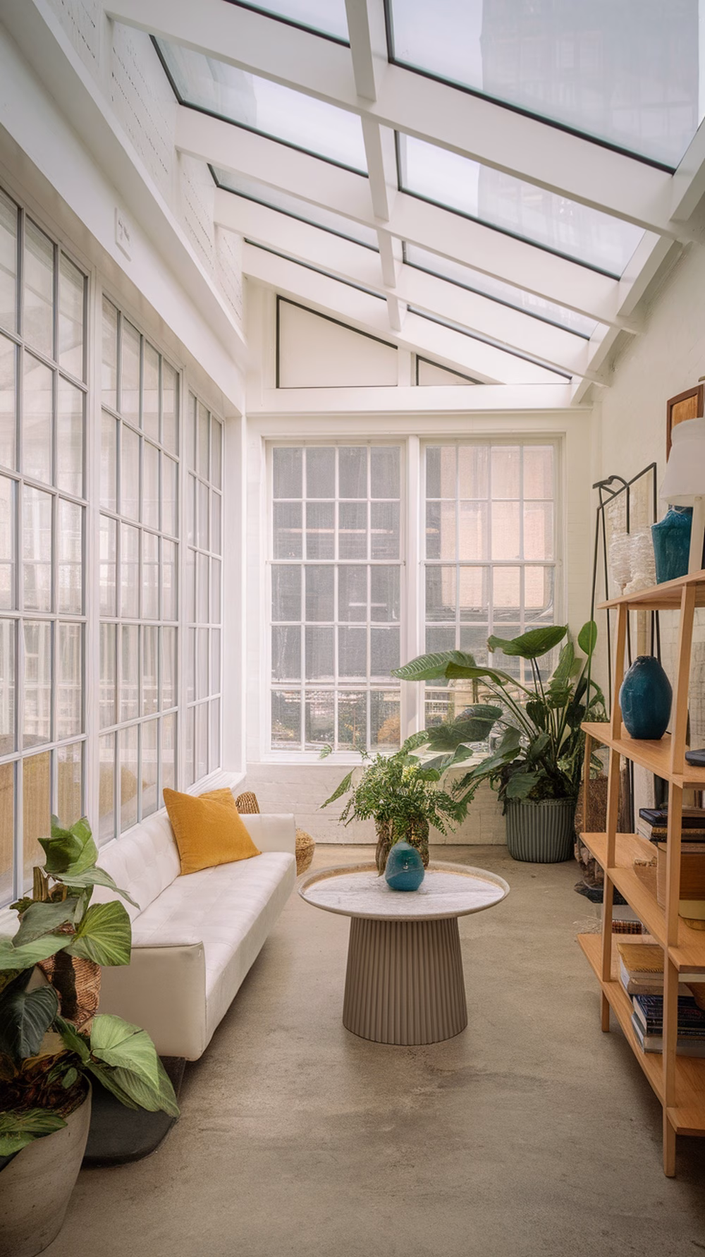 Bright room with large windows, a glass roof, and stylish furniture, showcasing natural light in a garage conversion.